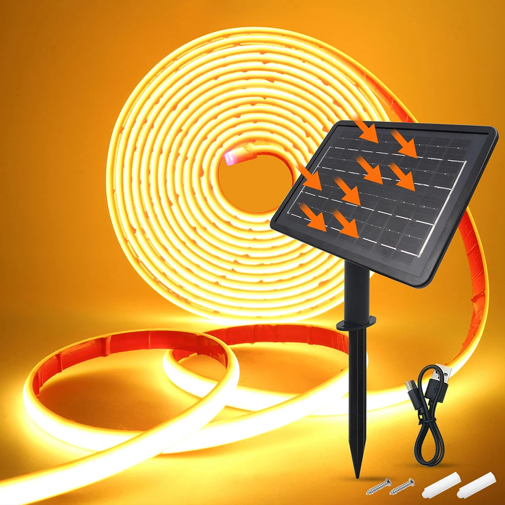 Solar Neon Light Strip 24V COB Waterproof IP68 Flexible LED Tape Red Green Blue Warm White 320LED/m High Density Linear Lighting