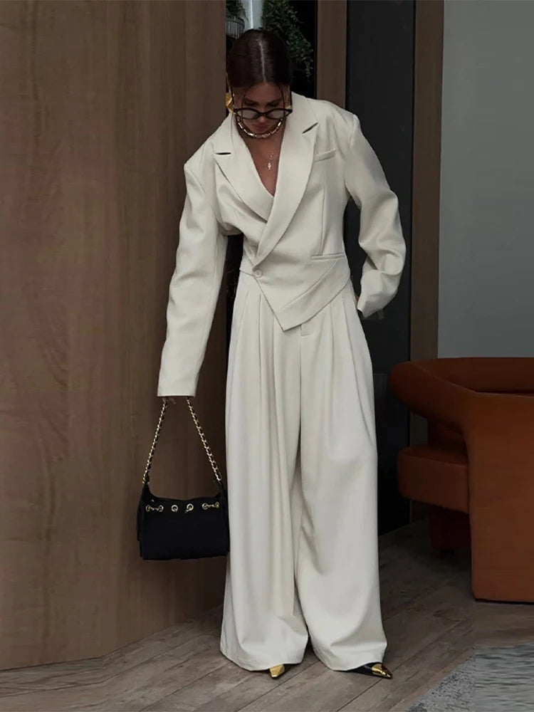 Elegant Irregular Women's Blazer Trouser Suits Single Button Lapel Full Sleeve Wide Leg Pants Lady Set 2026 2 Pieces Set Women
