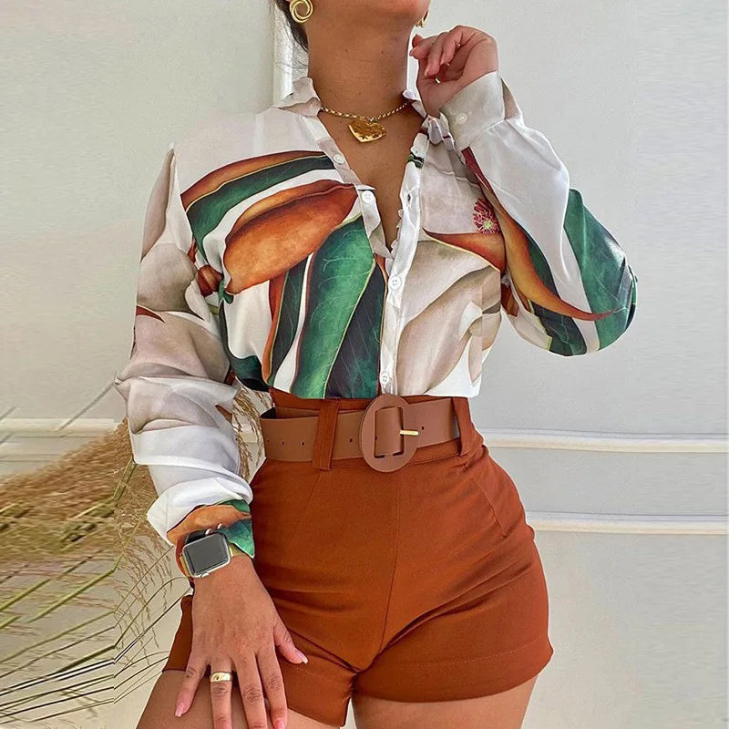 Women's Shorts Suit Summer Fashion Sexy V Neck Long Sleeve Shirts Slim Wear A Belt Elegant Female Blouse Office Two Piece Set