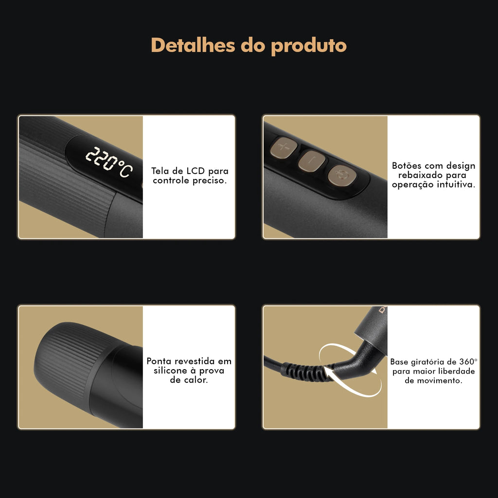 Hair Curler 32mm with LCD Display, Black and Gold, 5 Temperatures (140 °C-220 °C), Ceramic Coating, Bivolt 110-220V