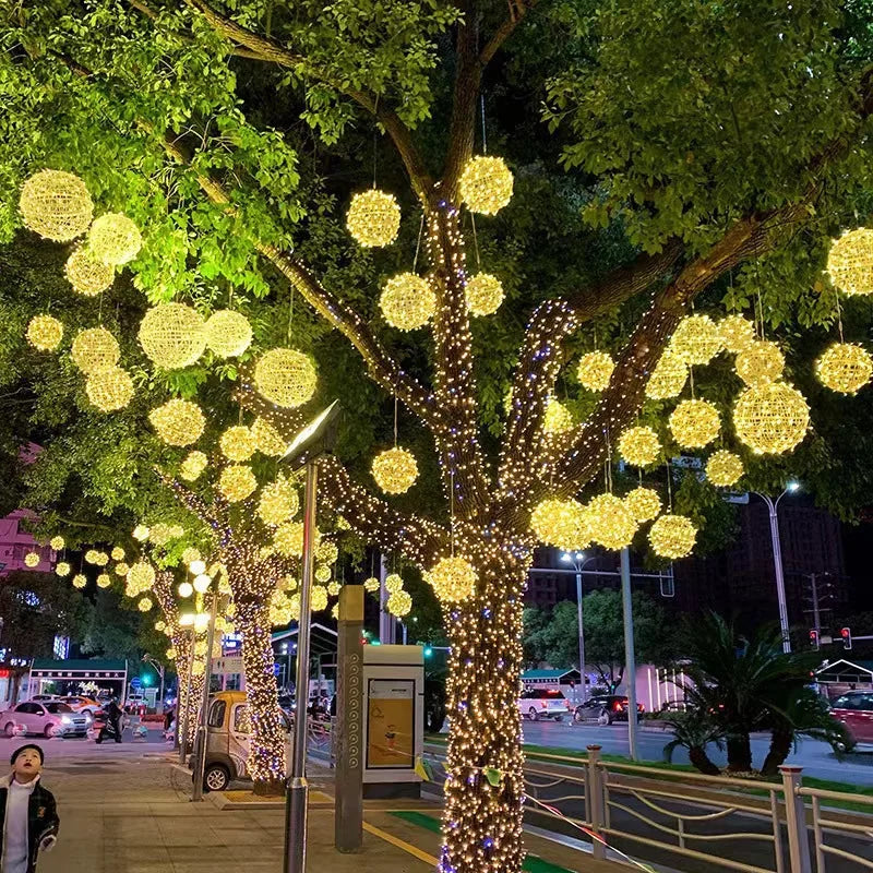 LED Light Christmas Festoon Rattan Ball Outdoor Hanging Fairy String for Yard Garden Tree Pendant Decoration