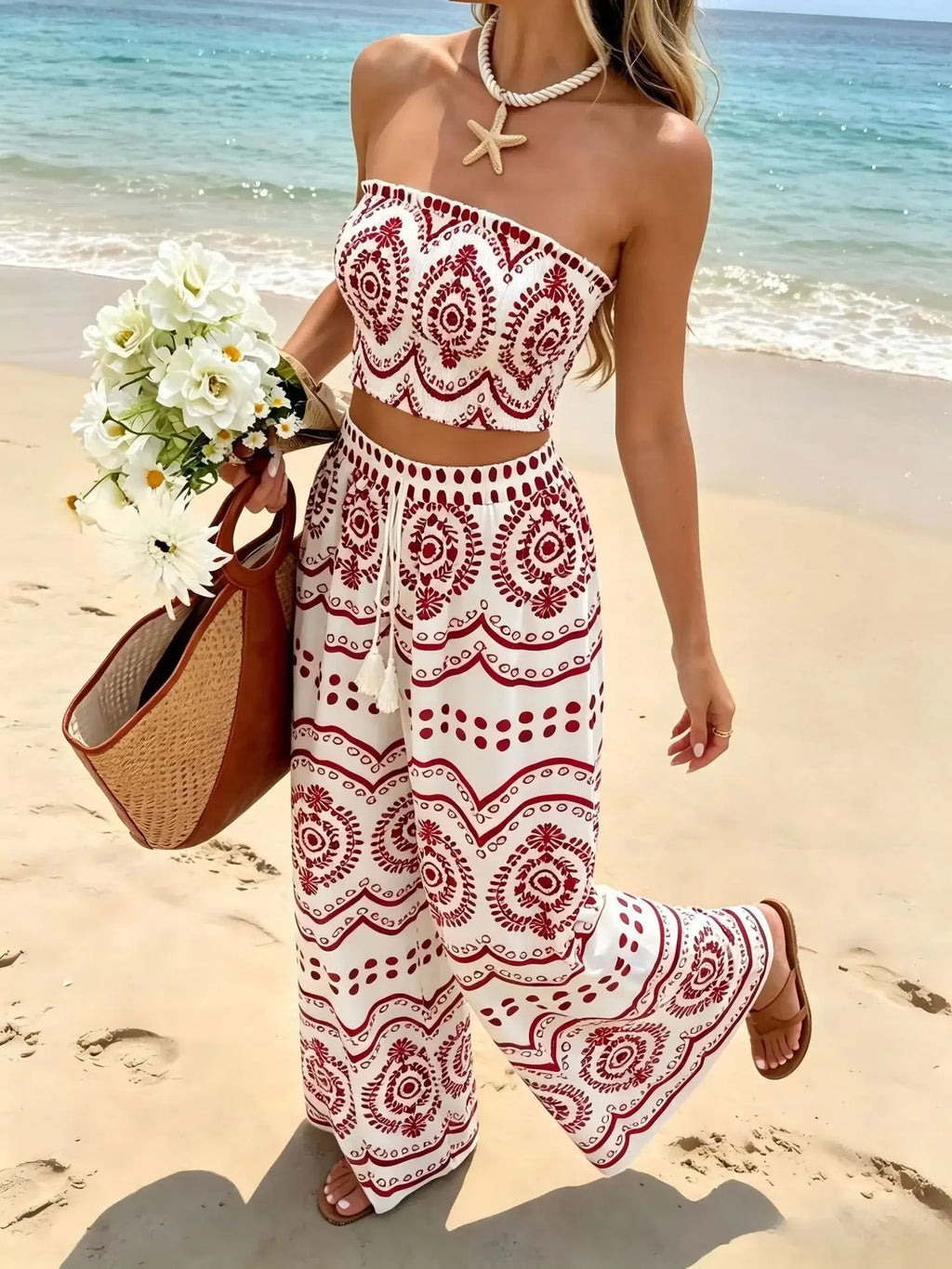 New Bohemian Vacation Plant Print Bandeau Wide Leg Pants, Fashion Two Piece Outfit