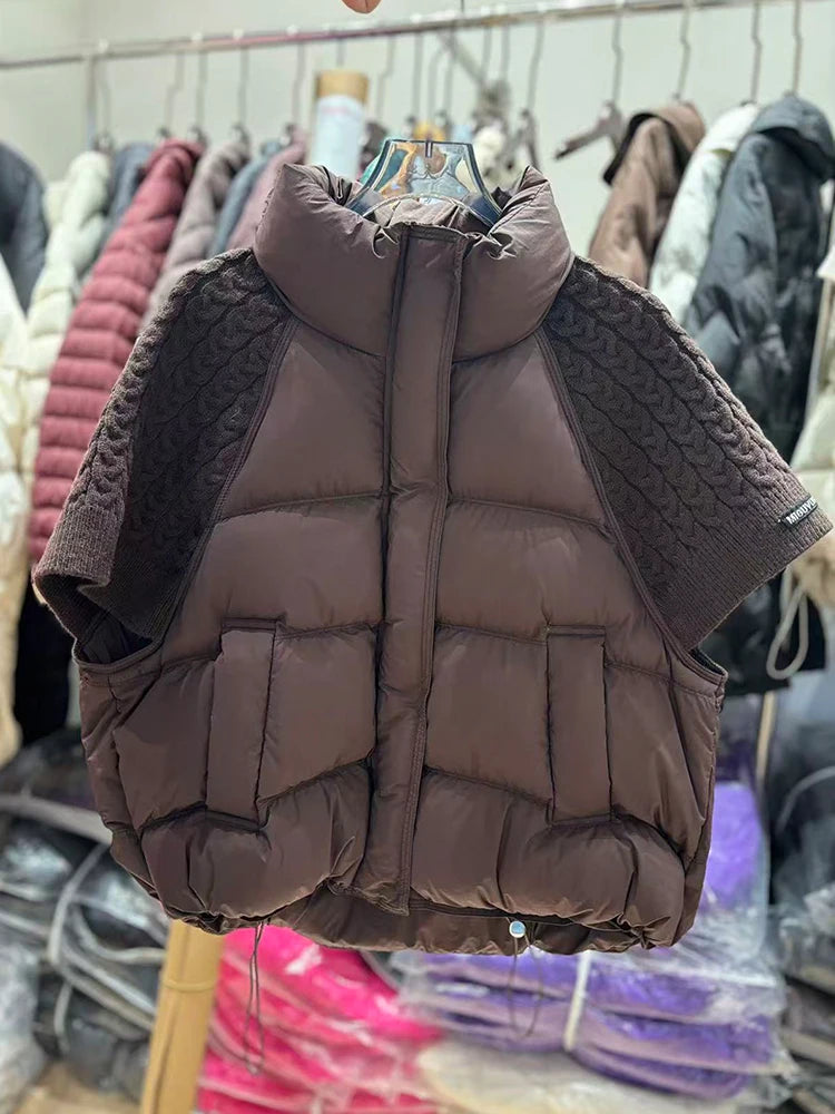 Janveny 2026 New Winter Turtleneck White Duck Down Vest Women Patchwork Knitted Warm Drawstring Short Soft Puffer Down Waistcoat