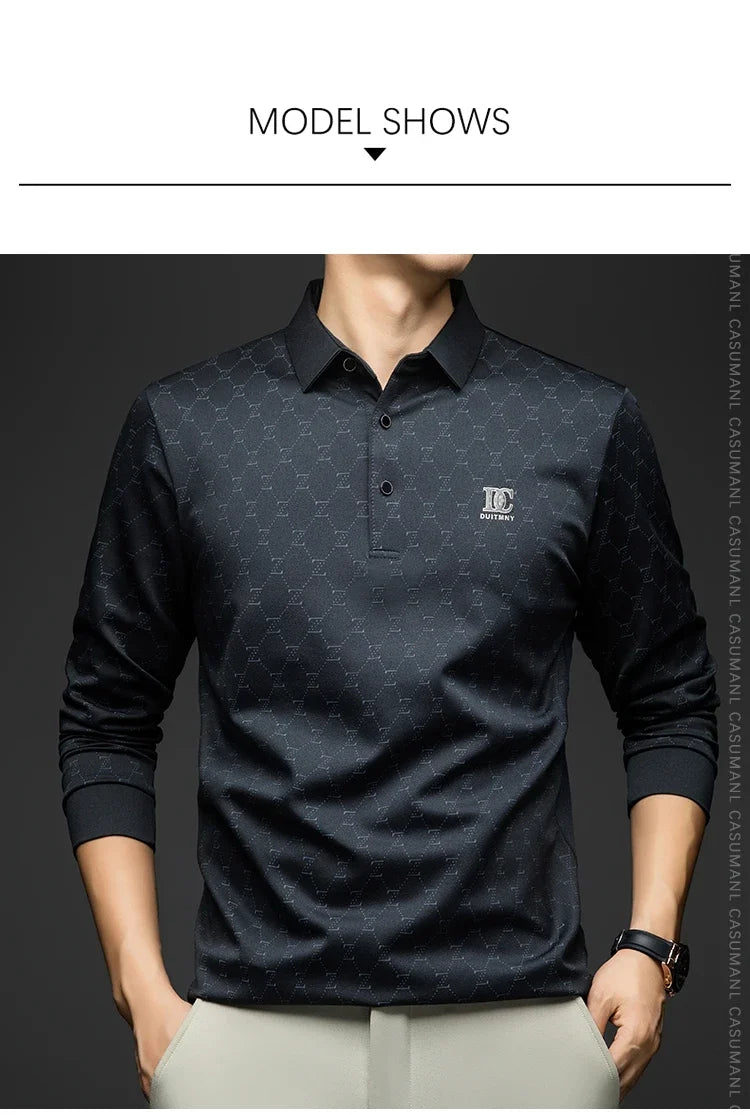 BROWON 2026 Spring Autumn Elegant Polo Shirts for Men Long Sleeve Lapel Color Printed Soft Comfortable Males Tops and Tees