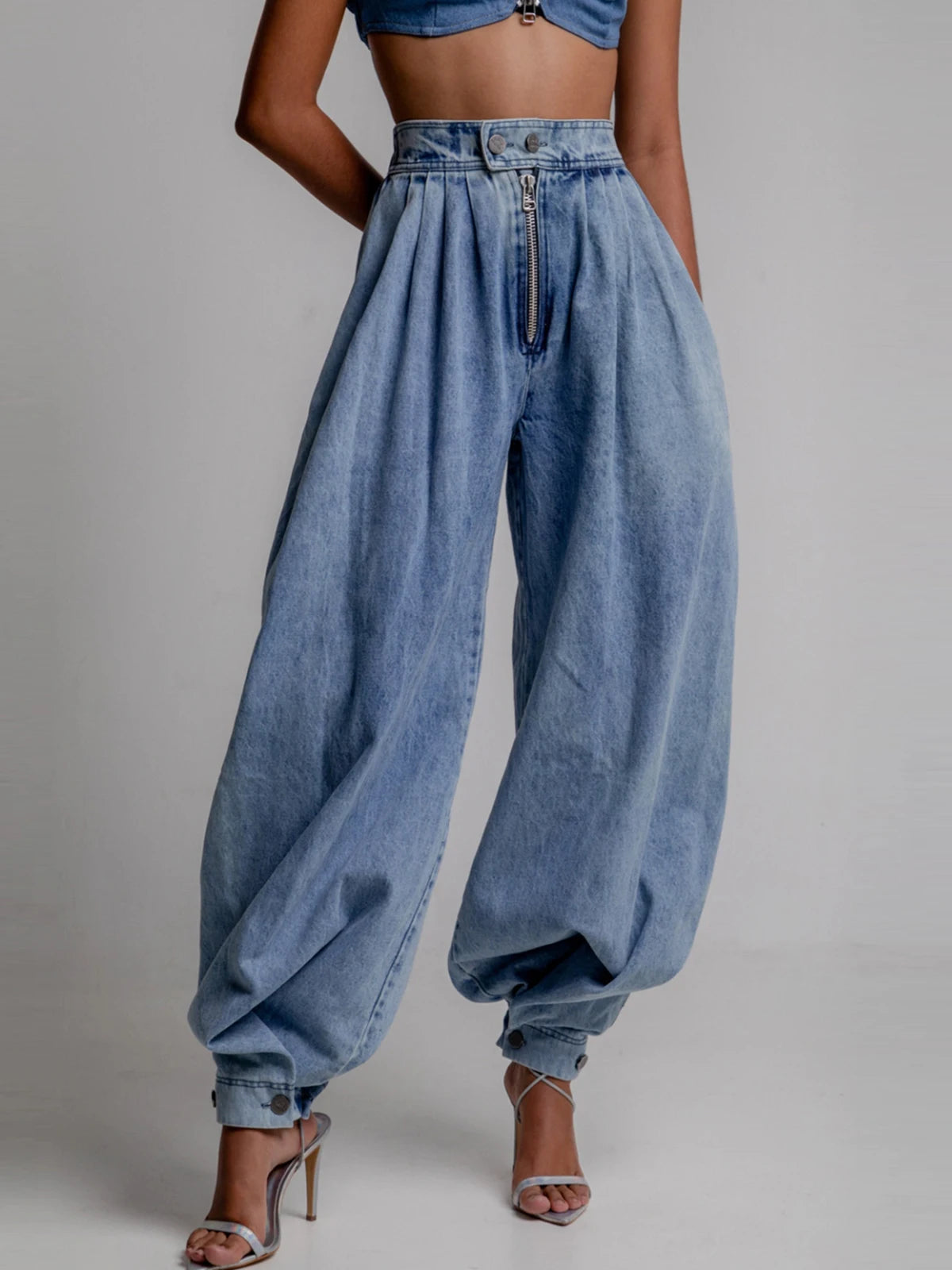 Women's Casual Washed Denim Harem Pants High Waist Zipper Loose Trousers Streetwear Y2K Oversized Vintage Balloon Pants Jeans