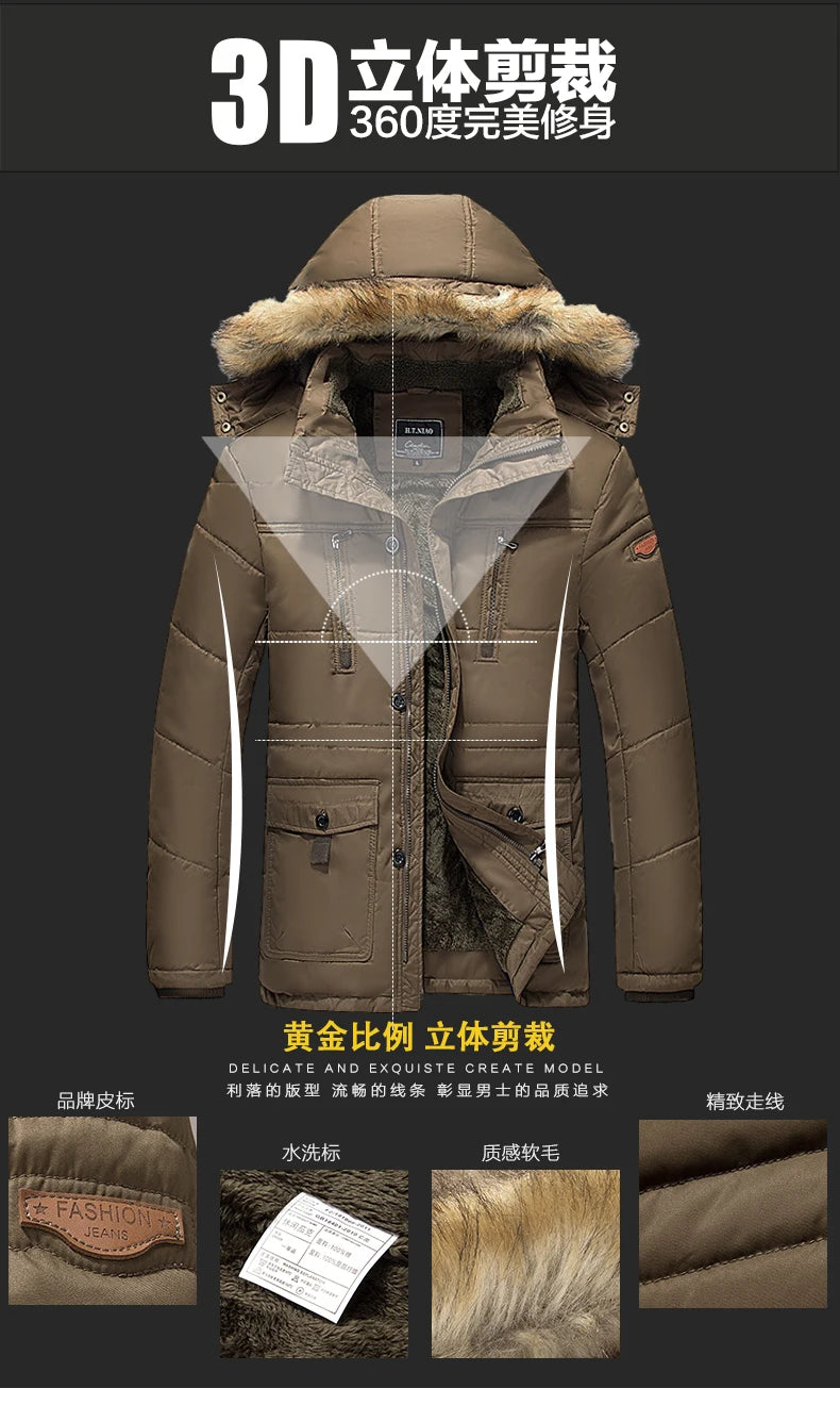 Solid Parkas Male Coat Large Size Clothing Parka Outdoor Men's Winter Jacket Plus Velvet Thick Warm Multi Pocket Jackets