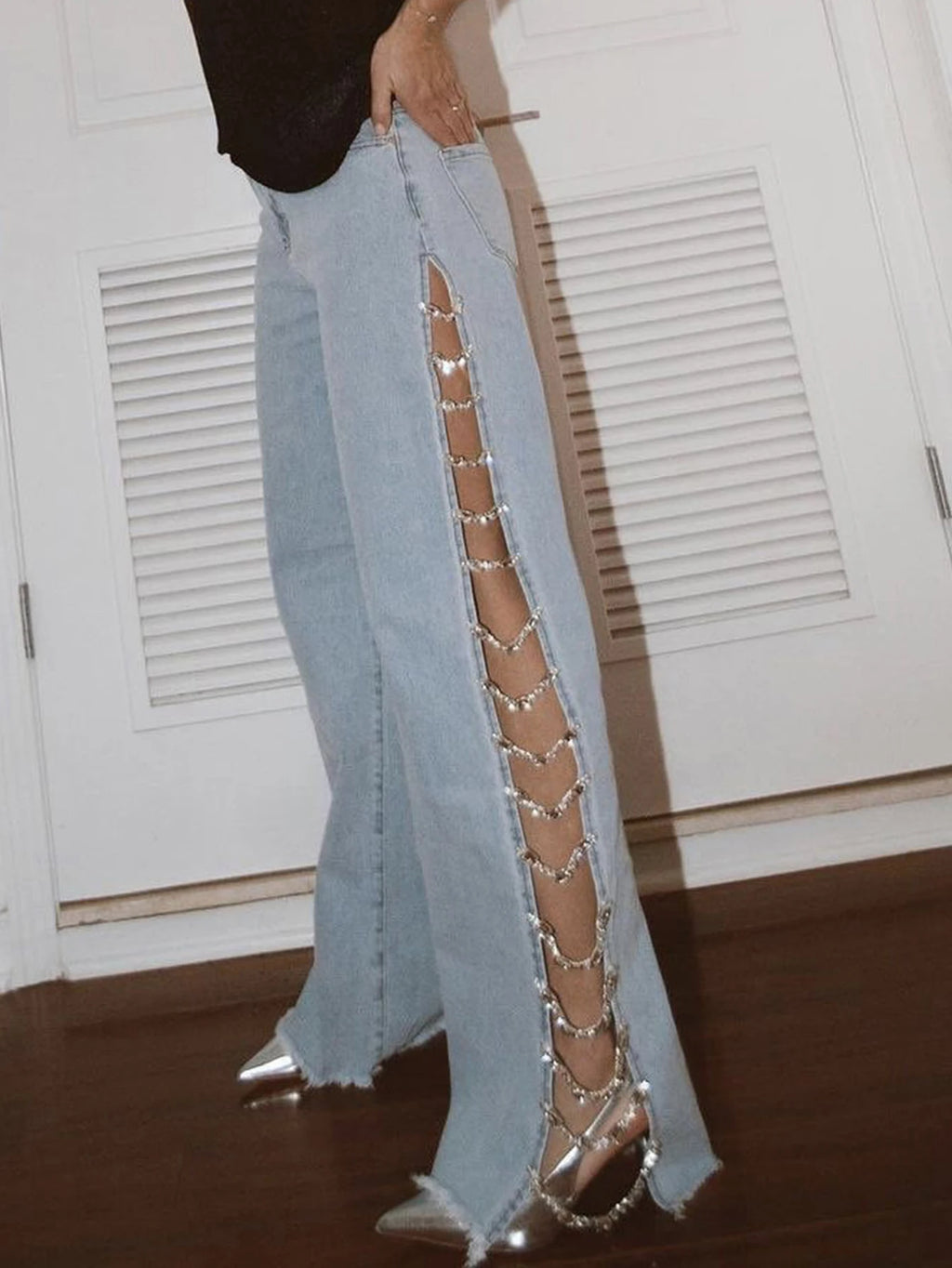Sexy Hole Rhinestone Denim Pants Women Fashion Baggy Pants Hotwife Streetwear High Waist Wide Leg Jeans Woman Clothing Trousers