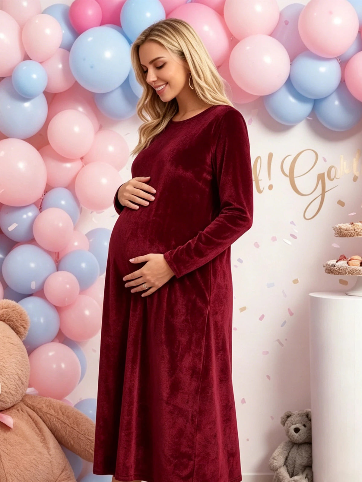 Maternity Autumn Winter Golden Velvet Pocket Long Sleeve Dress Formal Party Gala Long Dress Burgundy Maternity