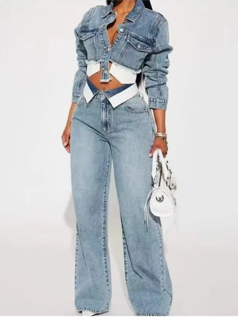 Streetwear Denim 2 Piece Sets Women Outfit Autumn Clothes Women Long Sleeve Jean Short Jacket Straight Jeans Pant Sets Tracksuit