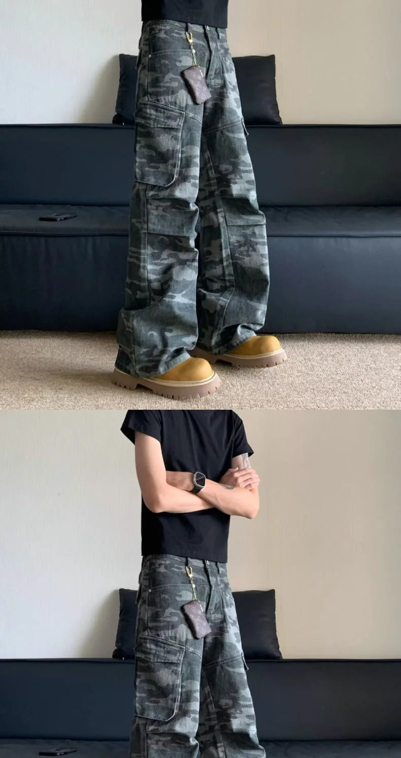 Summer Large Size American Retro Camouflage Work Pants Men's Loose Straight Leg Jeans with Diagonal Pockets Casual Long Trousers