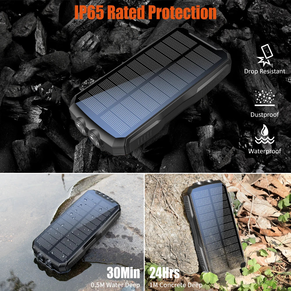 30000mAh Solar Power Bank with Wireless Charger, Dual USB Outputs, Bright LED Flashlight, Waterproof