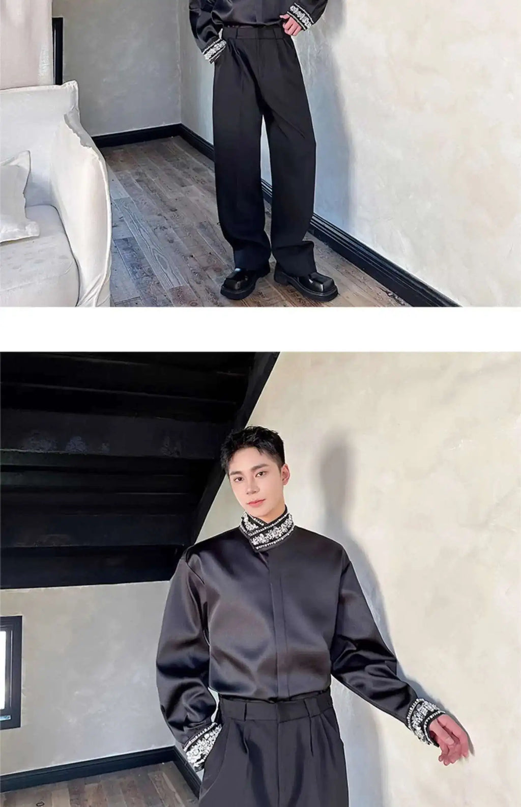 PFHQ Diamond Decoration Satin Long Sleeve Male Shirts Stand Collar Solid Color Single Breasted Men's Wear 2025 New Fashion9C7199
