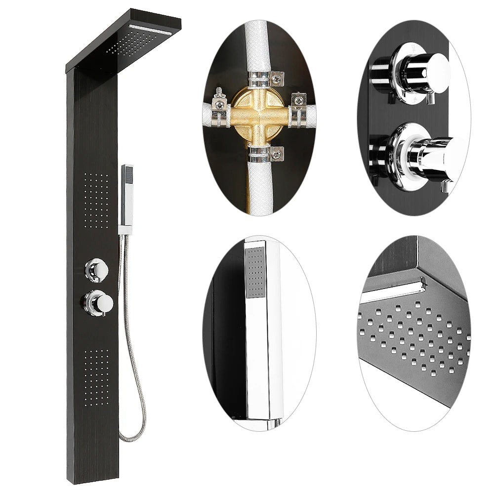 4 in 1 shower panel, shower system complete set rain shower, waterfall, massage side jets, wide hand shower, 1-button switch
