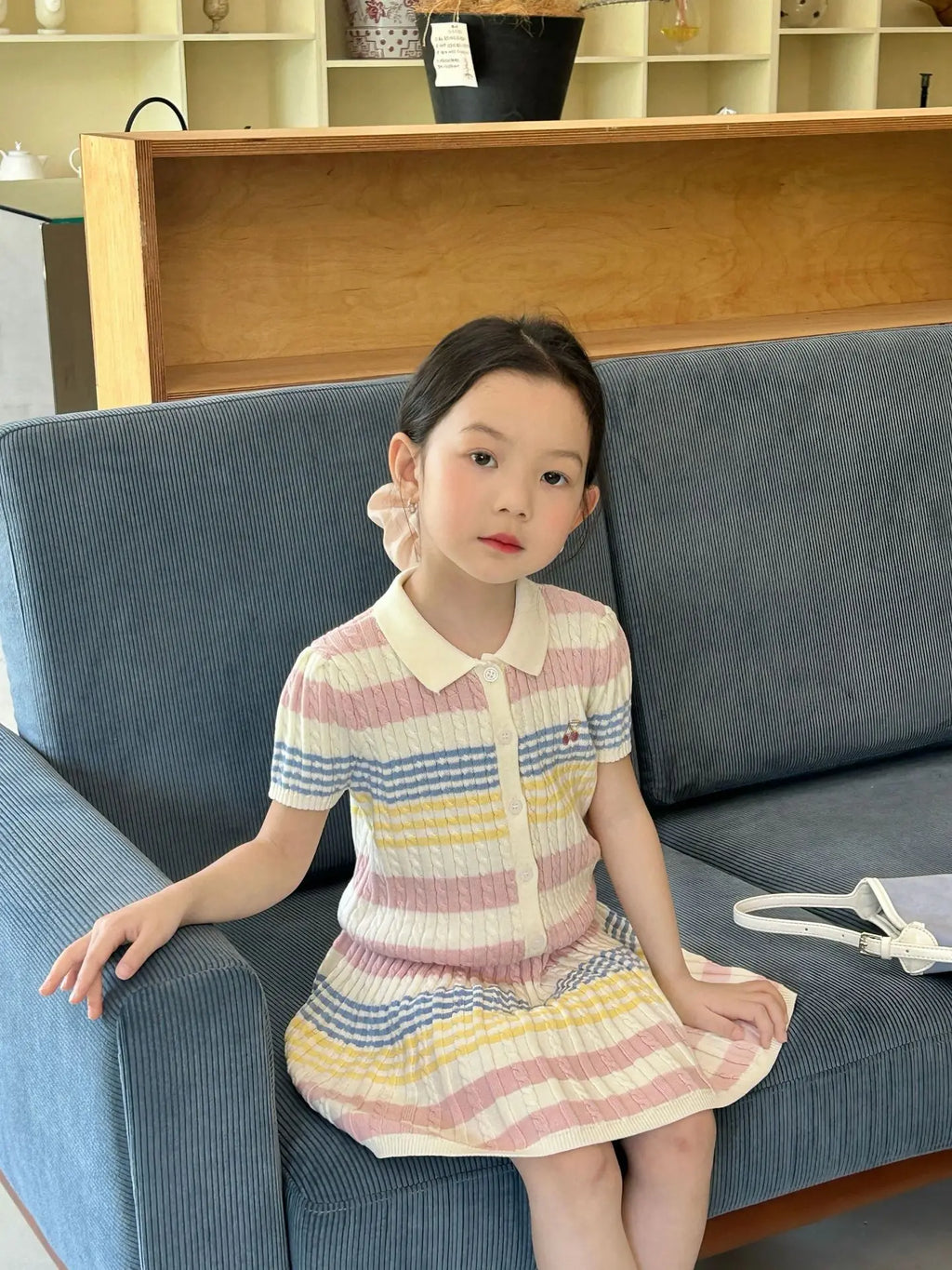 Girls Suit 2025 Summer New Childrens Clothing Korean Style Girl Baby Stripe Tie-in Color Cardigan Skirt Two Sets of Casual Daily