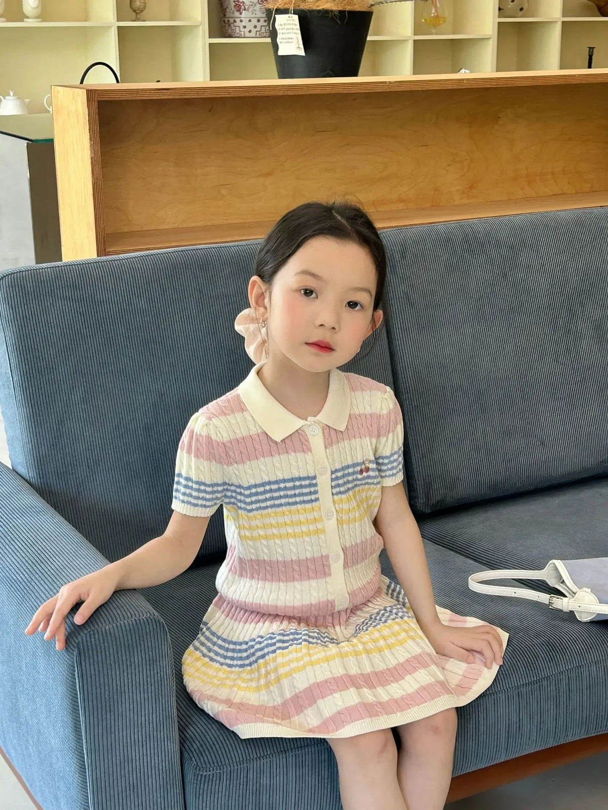 Girls Suit 2025 Summer New Childrens Clothing Korean Style Girl Baby Stripe Tie-in Color Cardigan Skirt Two Sets of Casual Daily