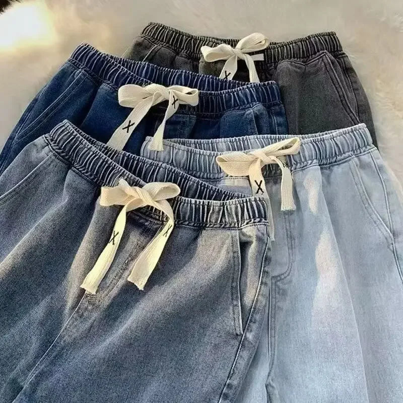 Black Vintage Men Jeans Spring Trend Straight Elastic Waist Wide Leg Denim Pants Male Daily High Street Comfortable Trousers