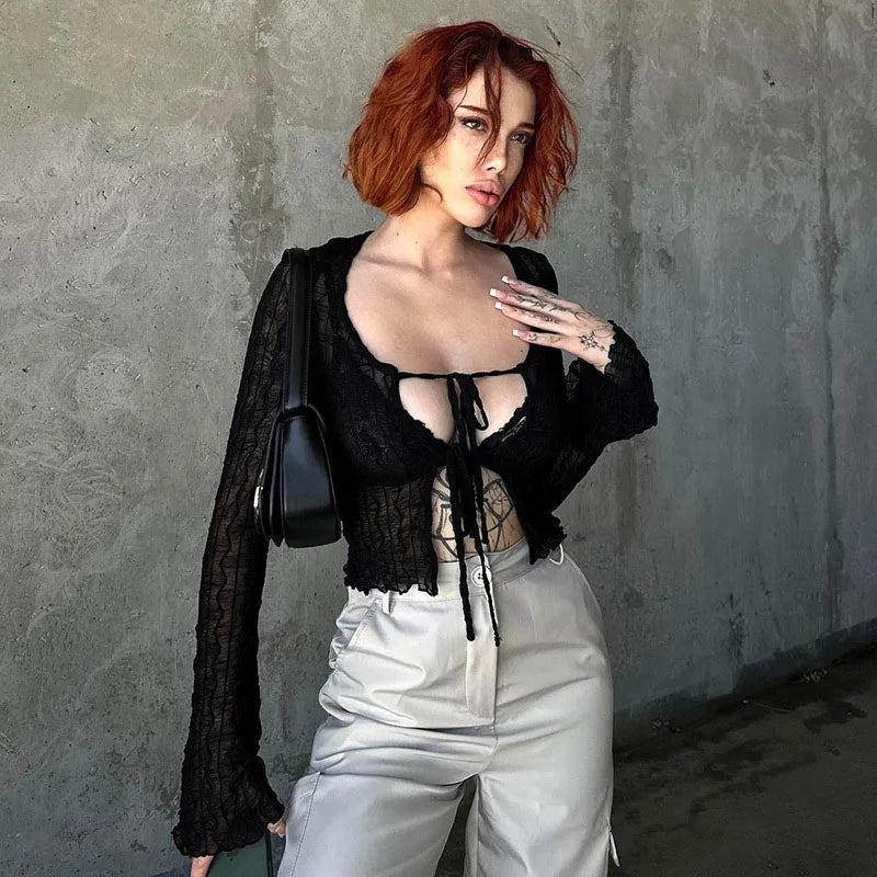 Gothic Lace Up Sexy Blouses Grunge Y2k Fairycore Long Sleeve T-shirts Female Transprent Skinny Fashion Tops