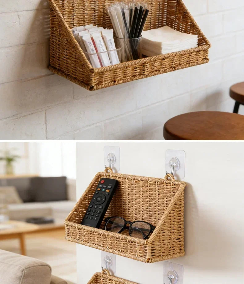 Woven Imitation Rattan Wall Mounted Storage Basket Slanted Shelf Organizer for Kitchen Living Room Bathroom Bedroom Balcony