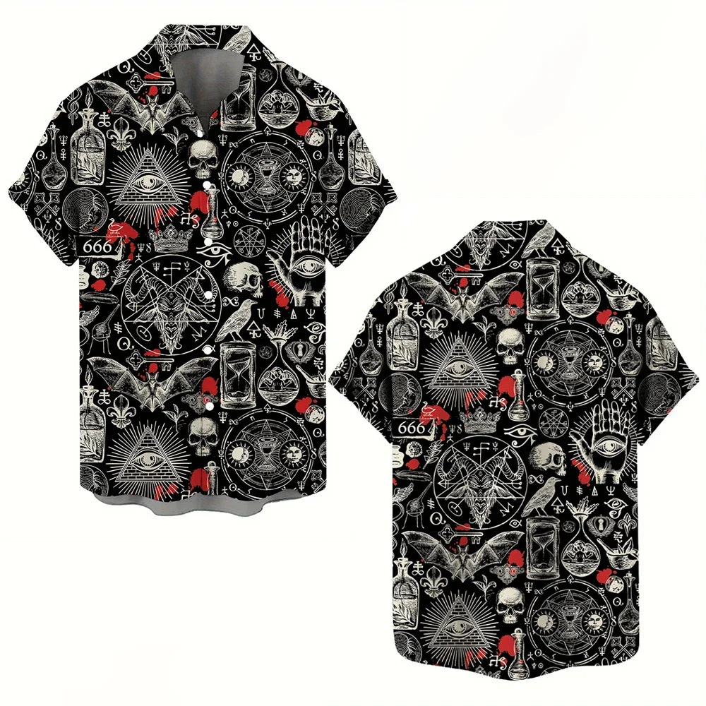 Skull 3D Printed Men's Hawaiian Shirt Street Gothic Style Trendy Vintage Lapel Tops Summer Y2K Casual Short Sleeve Beach Shirt
