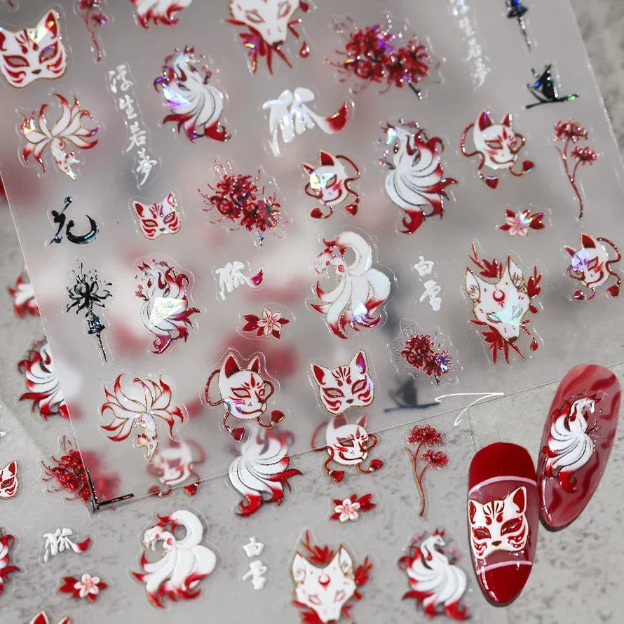 Elegant Chinese Charm Shiny Nine-tailed Fox Mask Red Equinox Flowers Tragedy Love Soft Reliefs Nail Art Stickers Manicure Decals