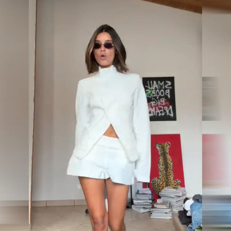 2026 New Women's 2 Piece Set High Neck Long Sleeve Twisted Cut Out Top + Shorts Suit Elegant Casual Office Streetwear Outfit