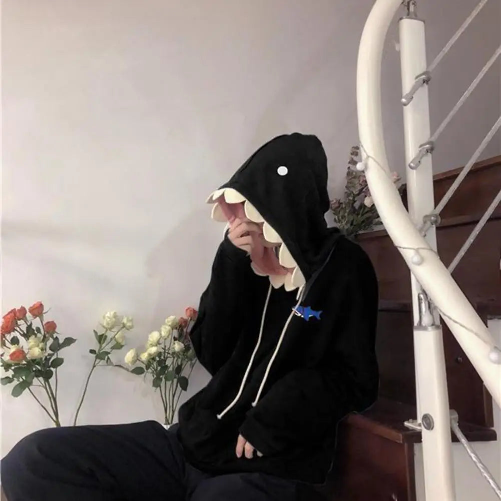 Men Shark Hoodie Winter Pullover Sweater Casual Pocket Long Sleeve Pull Female Solid Hooded Sweaters Trendy Couple's Pullovers
