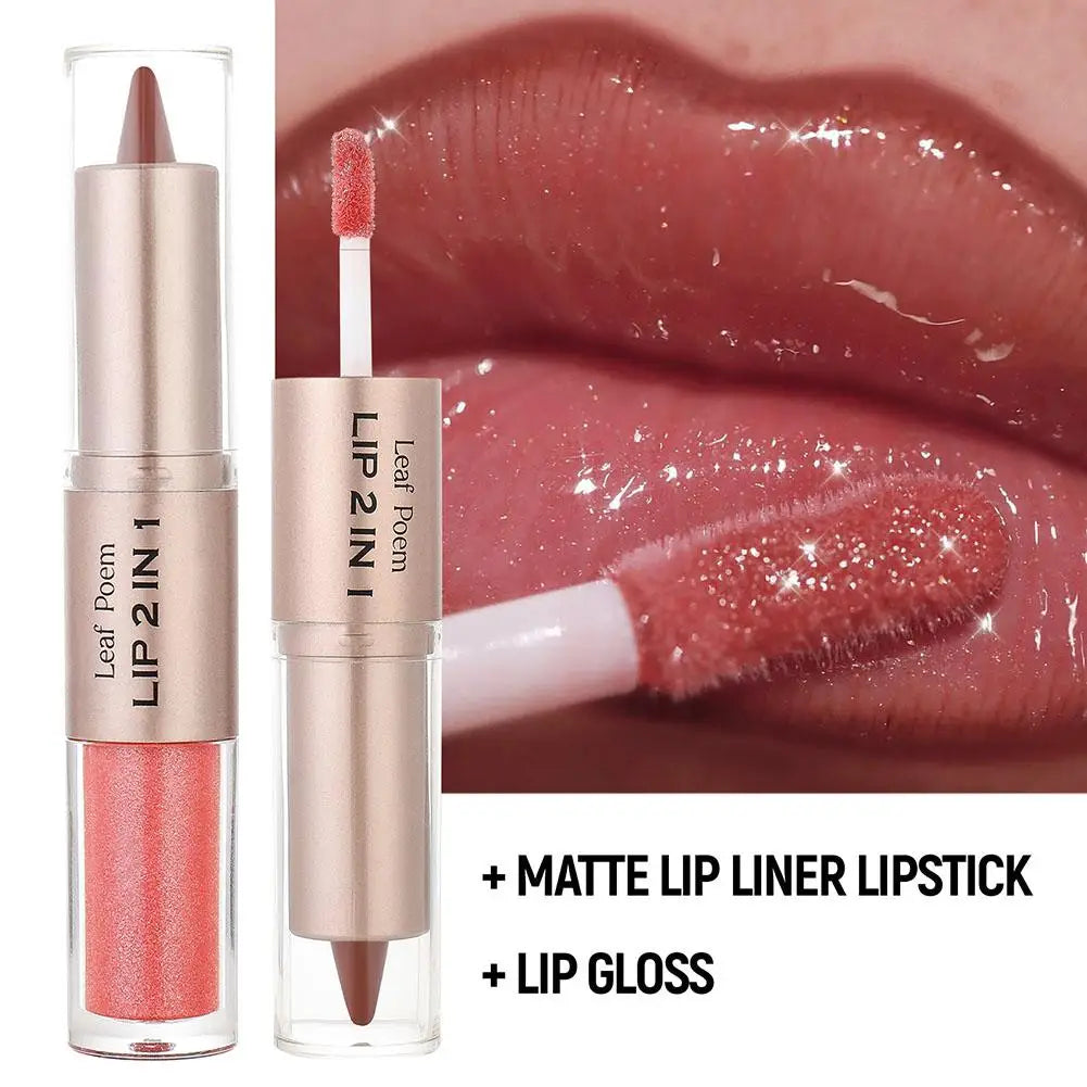 Waterproof Contour Non Stick Makeup Double-headed Matte Mirror Design Lip Glaze Nude Brown 2-in-1 Tapered Gradient Lip Liner Pen