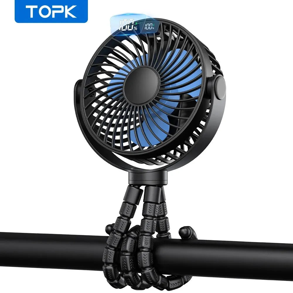 5000mah Stroller Portable Mini Fan USB Rechargeable Outdoor Electric Fan 4 Gear Speed 360°Degree Rotata & Digital Display