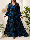GIBSIE Plus Size Floral Print V-Neck Belted Dress Women Spring and Autumn Bohemian Vacation Long Sleeve Elegant Maxi Dresses