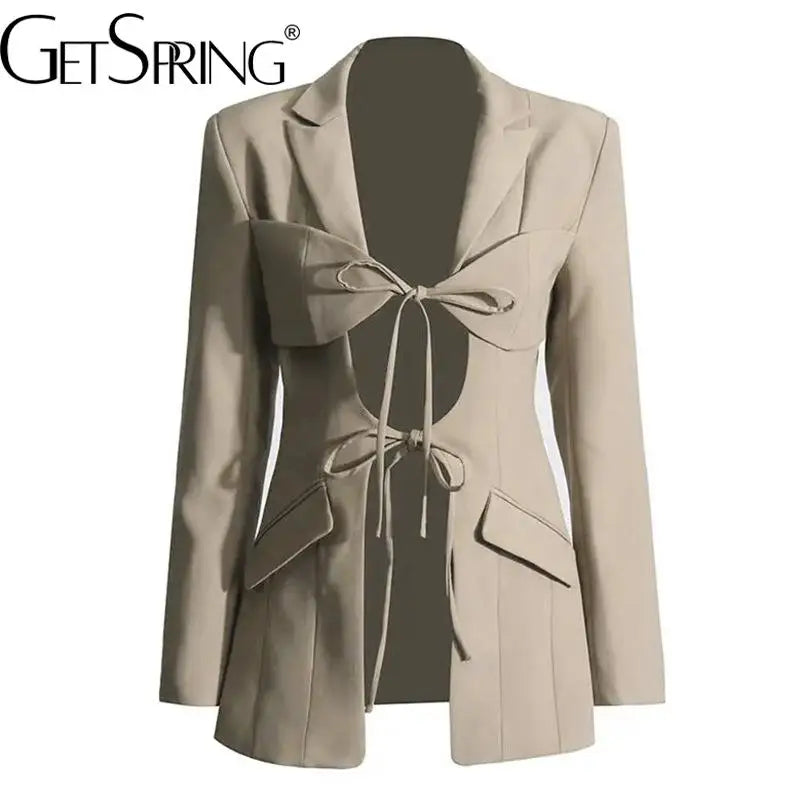 gestring Women Blazer 2025 Spring Fashion Hollow Out Lace Up Sexy Long Sleeve Ladies Black Blazer Coat Women's Slim Suit Jacket