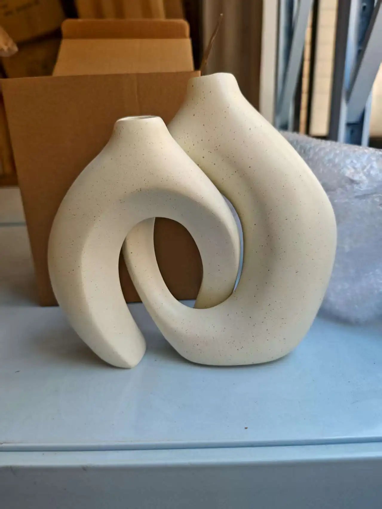 Minimalist White Ceramic Vase Set of 2 Hollow Nordic Modern Home Decor
