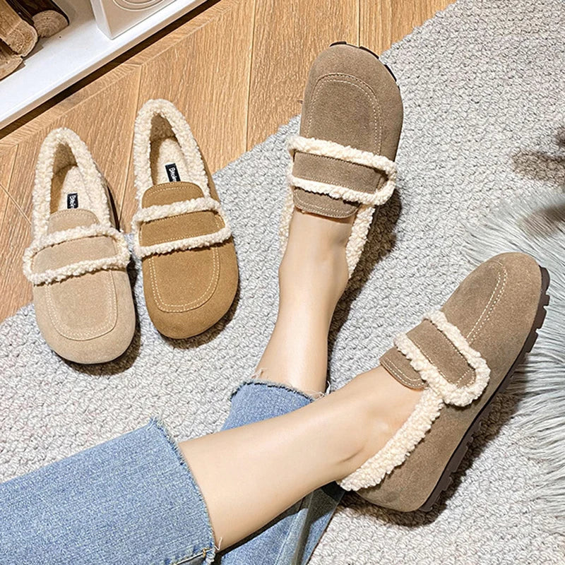 2026 Faux Suede Flats Women Lambswool Loafers Winter Warm Cotton Shoes Ladies Platform Fleeces Mocasines Female Sheep Fur Boots