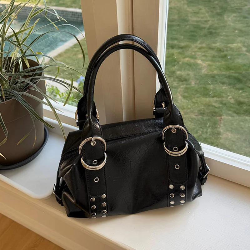 Vintage Style PU Leather Women Shoulder Bag Large Capacity High Quality Fashion Rivet Handbag Daily Use Y2K Motorcycle Bag