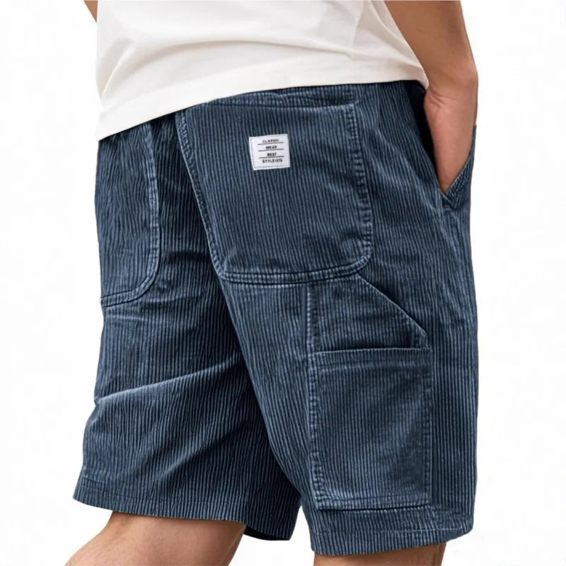 Men's Workwear Shorts Summer Casual Corduroy Loose Elastic Waist Multi-Pocket Leisure Pants Embroidery Retro Style Male Trousers