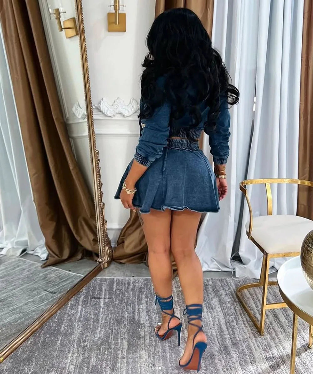 Women Two Piece Sets Skirt Set Denim Hooded Zipper Full Sleeve Tops Short Skirts A Line High Waist Y2k Streetwear Elegant 2026
