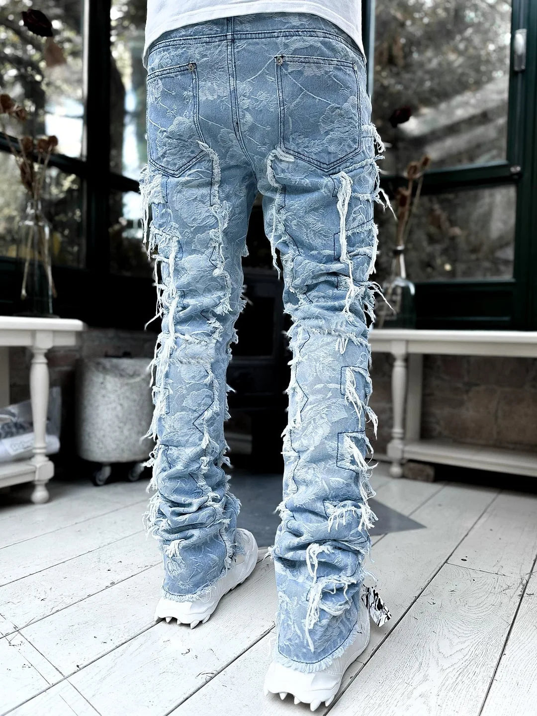 2026 New Men's Denim Straight-Leg Pants, European and American Street Fashion Ins Stretch Patch Denim Straight-Leg Pants