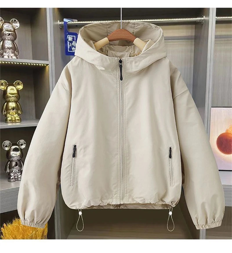 2026 Autumn Women's Coat Hooded Jacket Long Sleeve Zipper Pockets Casual Windbreaker Basic Jackets Outerwear Splicing Hooded E25