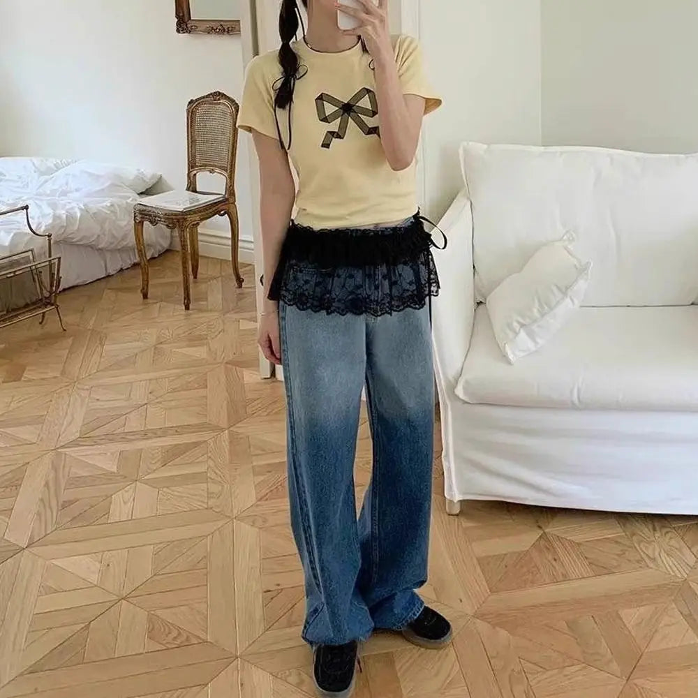 Polyester Embroidered Flower Lace Mini Skirt See Through Y2K Streetwear Ruched Skirts Harajuku Butt Curtain Jeans Decoration