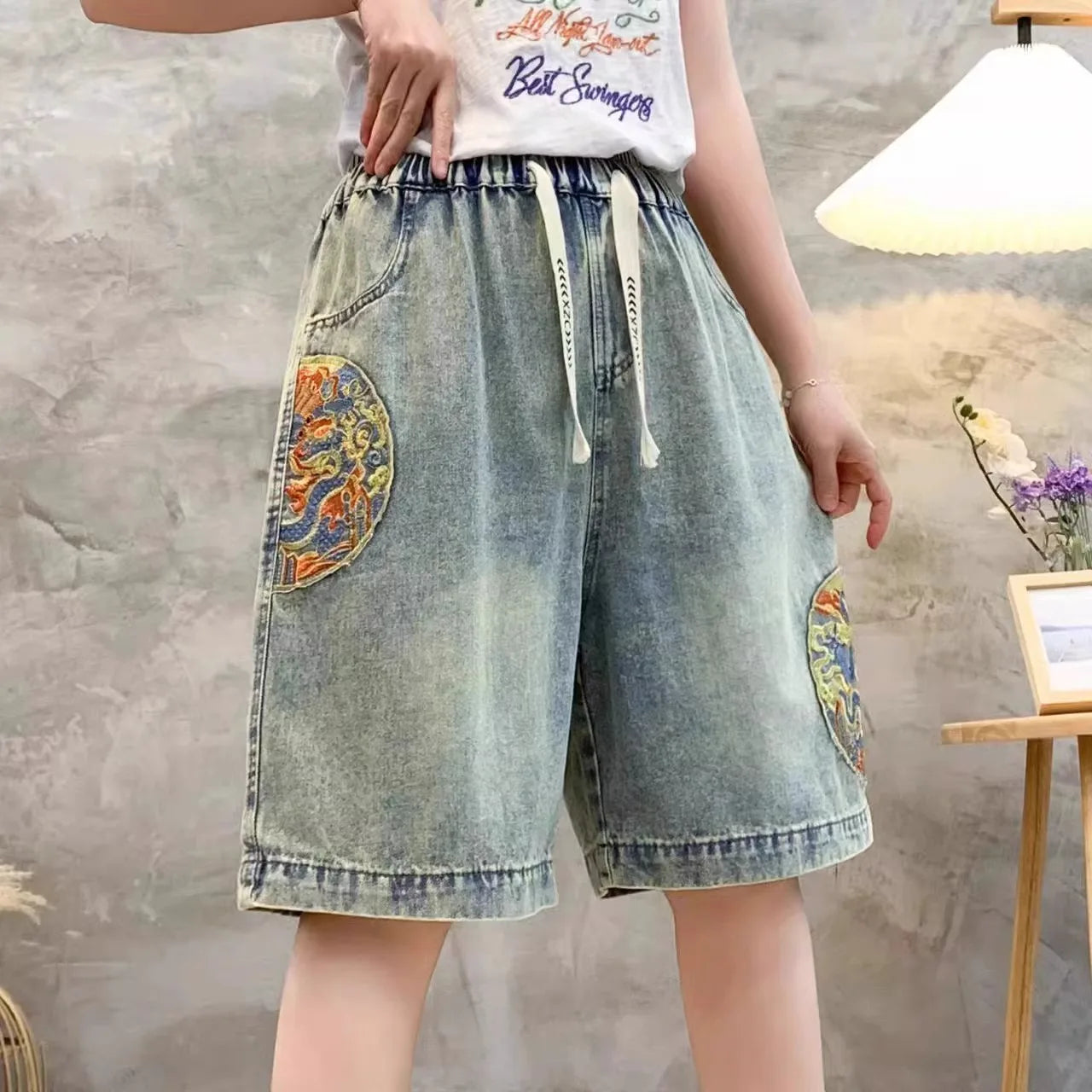 Retro Distressed Embroidered Denim Shorts Women's Loose Wide Leg Pants High Waist Blue Thin Summer New Style Fashionable