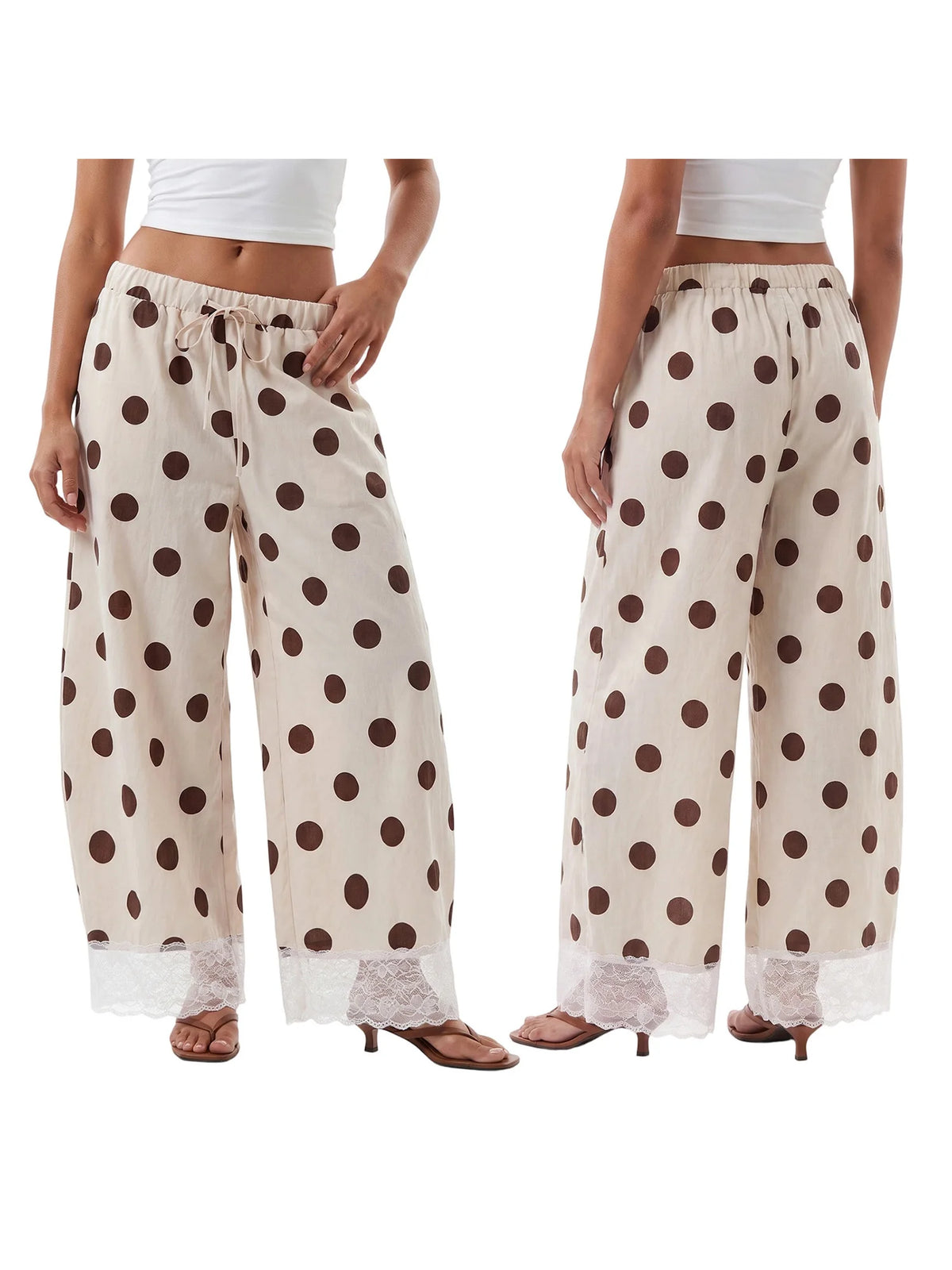 Women Y2K Retro Polka Dot Pants Lace Hem Elastic High Waist Drawstring Loose Fit Trousers Sweet French Style Vacation Bottoms