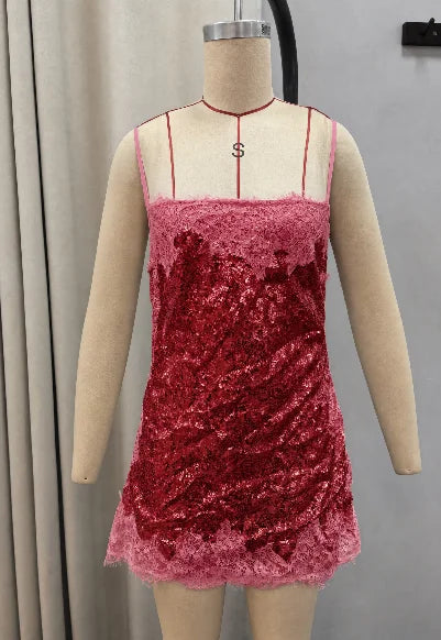 Sexy Sequin Lace Trim Patchwork Short Dress Women V-neck Sleeveless High Waist Mini Sling Dresses 2026 Summer Vacation Lady Robe