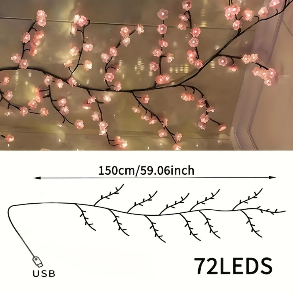 72/96/144LED Artificial Cherry Blossom Branch LED Lights, USB Powered Pink Flower Fairy Lights for Bedroom Aesthetic Decor