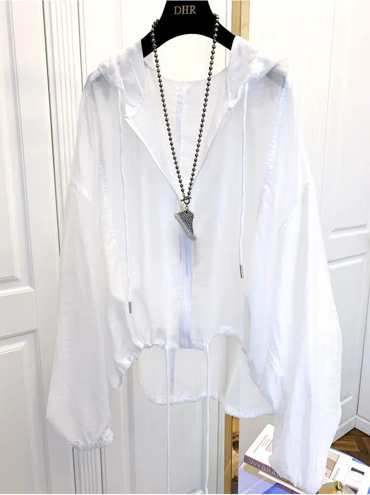 Women Hooded Jackets Summer Sun-proof Zipper Coats Thin Loose See Through Outerwear Breathable Outwear Lightweight Clothes White