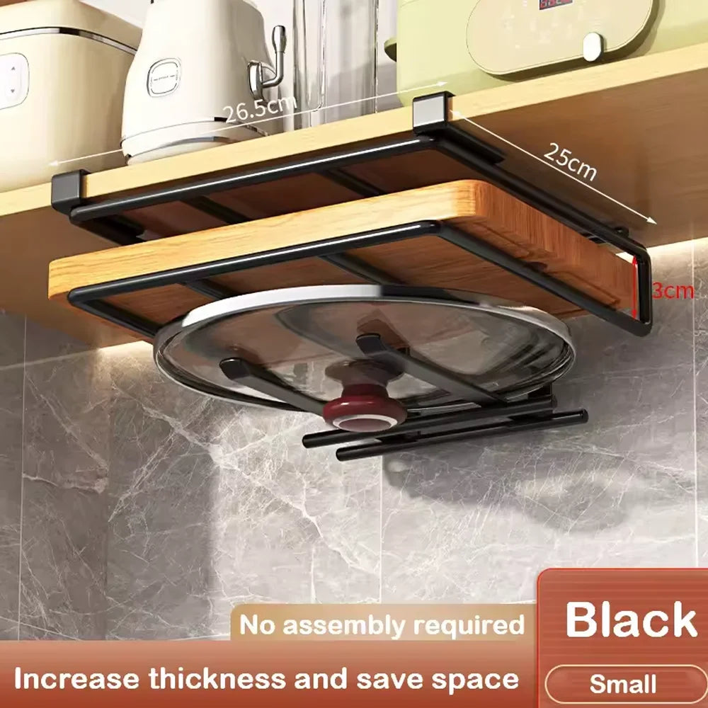 Under Cabinet Kitchen Organizer Rack Hooks Multi-Purpose Storage Shelf Portable Storage For Paper Towel Cutting Board Pot Lids