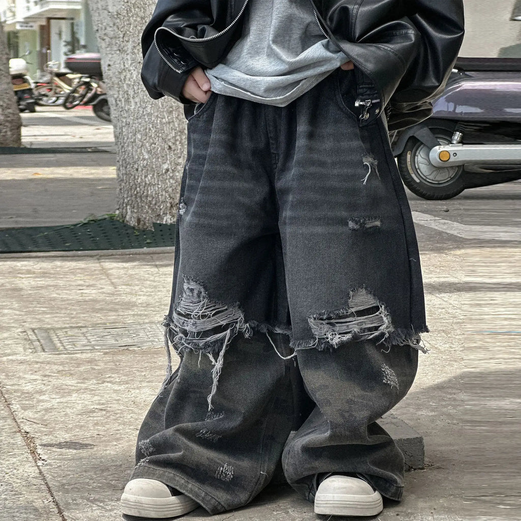 2025 New Boys' Cool Ripped Jeans Wide-leg Trousers American Retro Children's Trousers