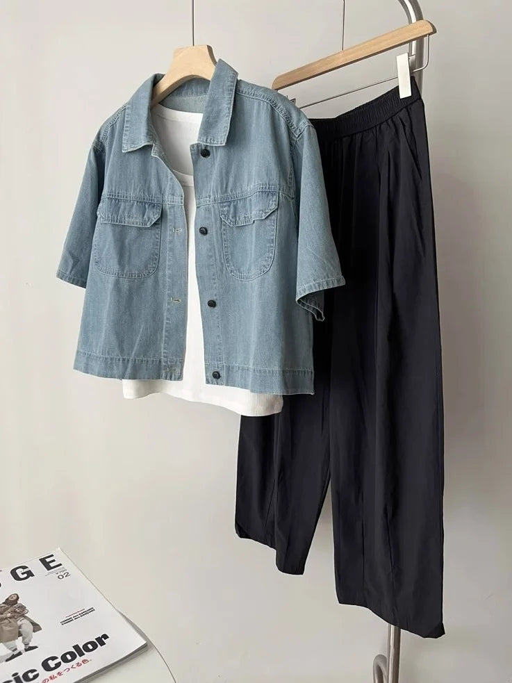 Retro Thin Casual Denim Short Sleeve Jacket Women 2025 Summer High-End Elegance Top Denim Shirt  Female