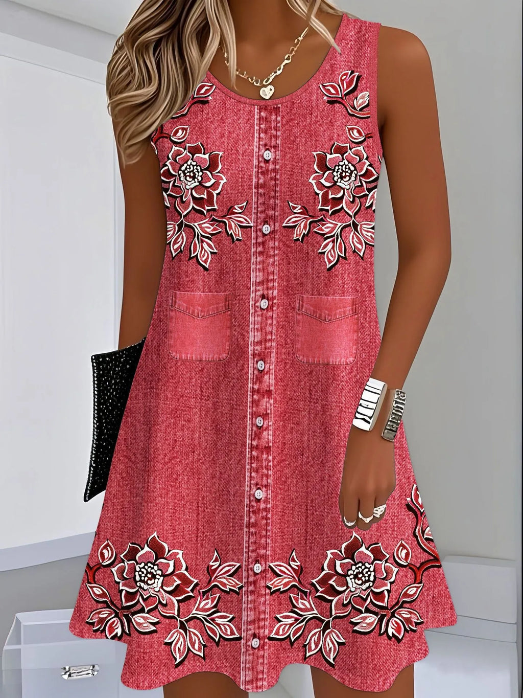 Women's Casual Summer Dress Sleeveless Loose Fit Round Neck Pullover Mid Length 3D Print for Women Beach Camping Hiking Outfit
