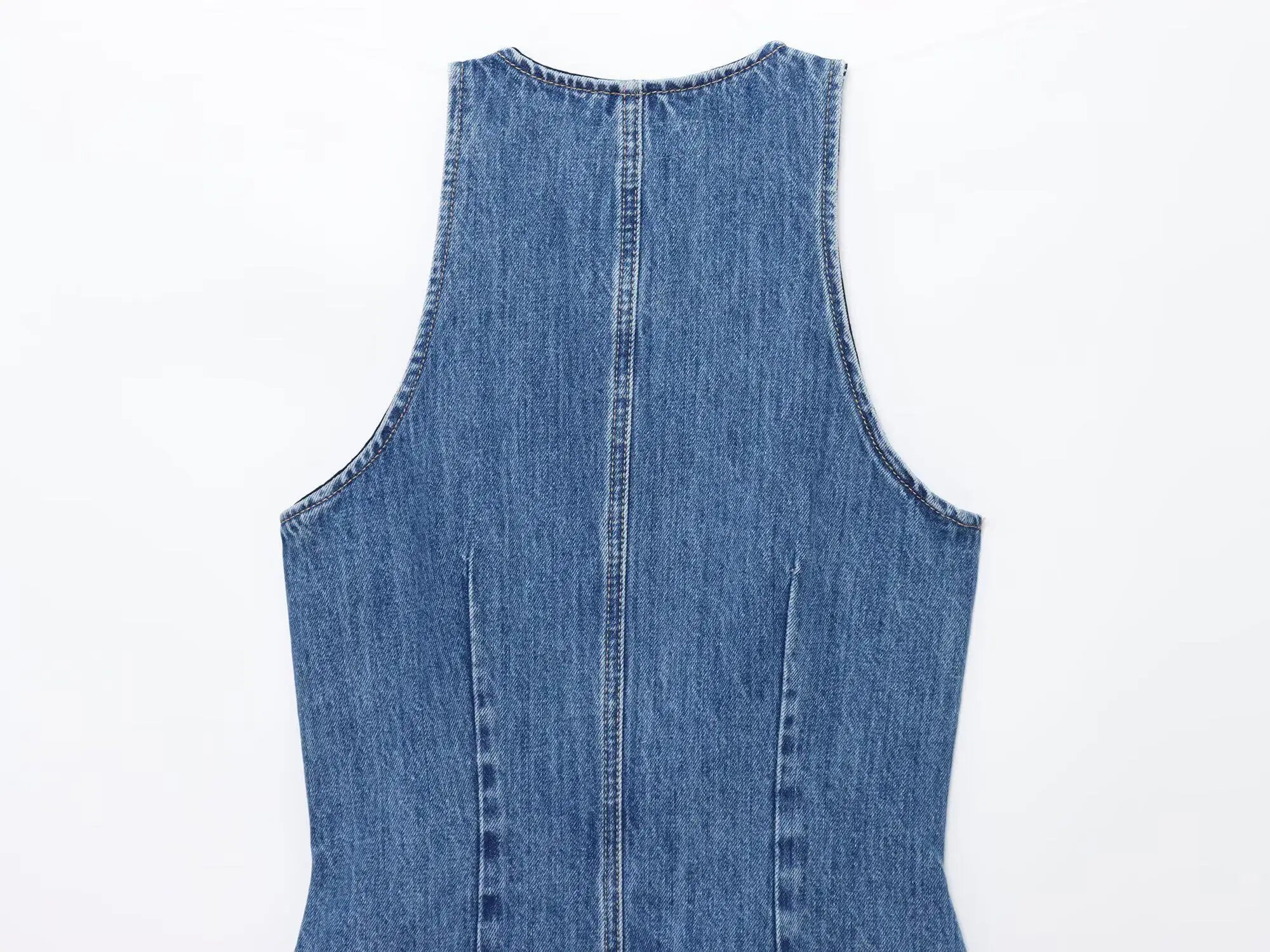 Women Denim Short Dress Round Neck Sleeveless Vest Style Single Breasted Design Solid Color Simple Daily Casual Versatile Dress