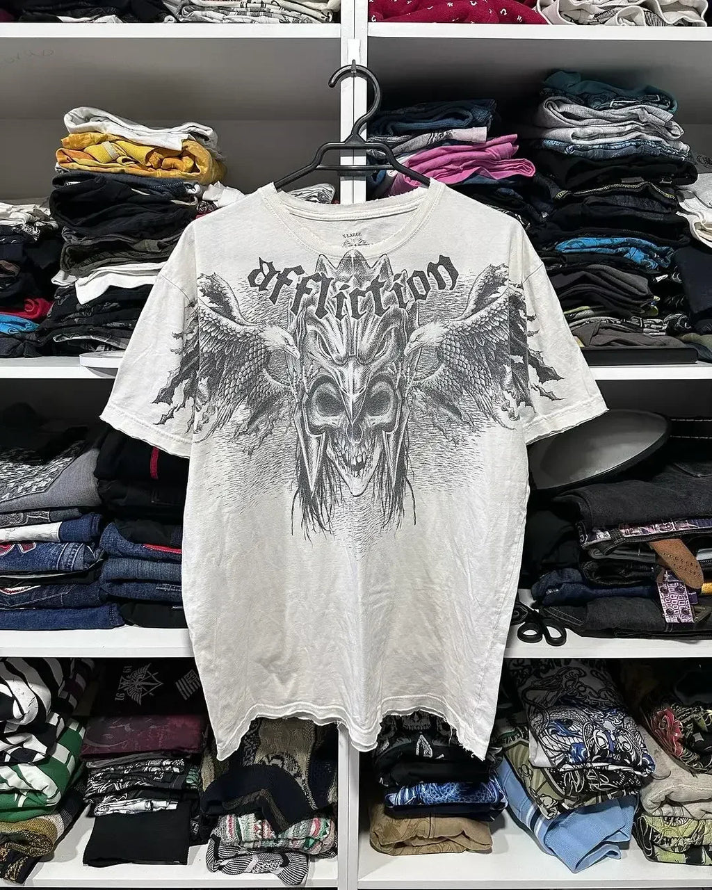 Affliction New Men Polo shirt Skull Graphic Harajuku Round Neck Oversized T Shirt Short Sleeve Tops Gothic Clothing Street Wear