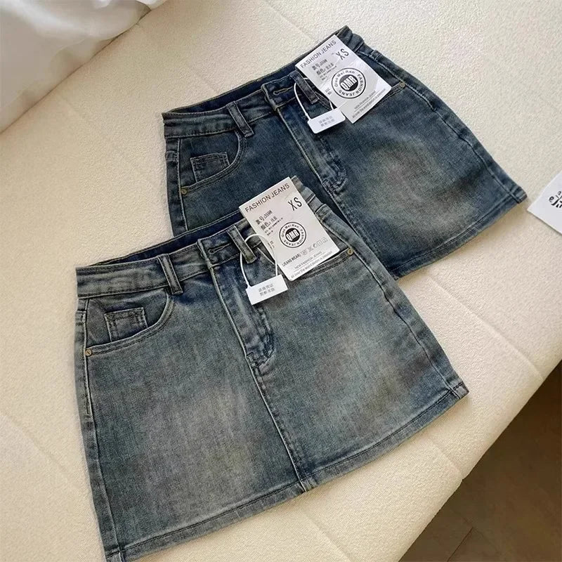 Sexy Retro Denim Skirt Women Anti-Light High Waist A-Line Slimming American Hot Girl Wrap Body Skirt Summer Fashion Mini Skirt